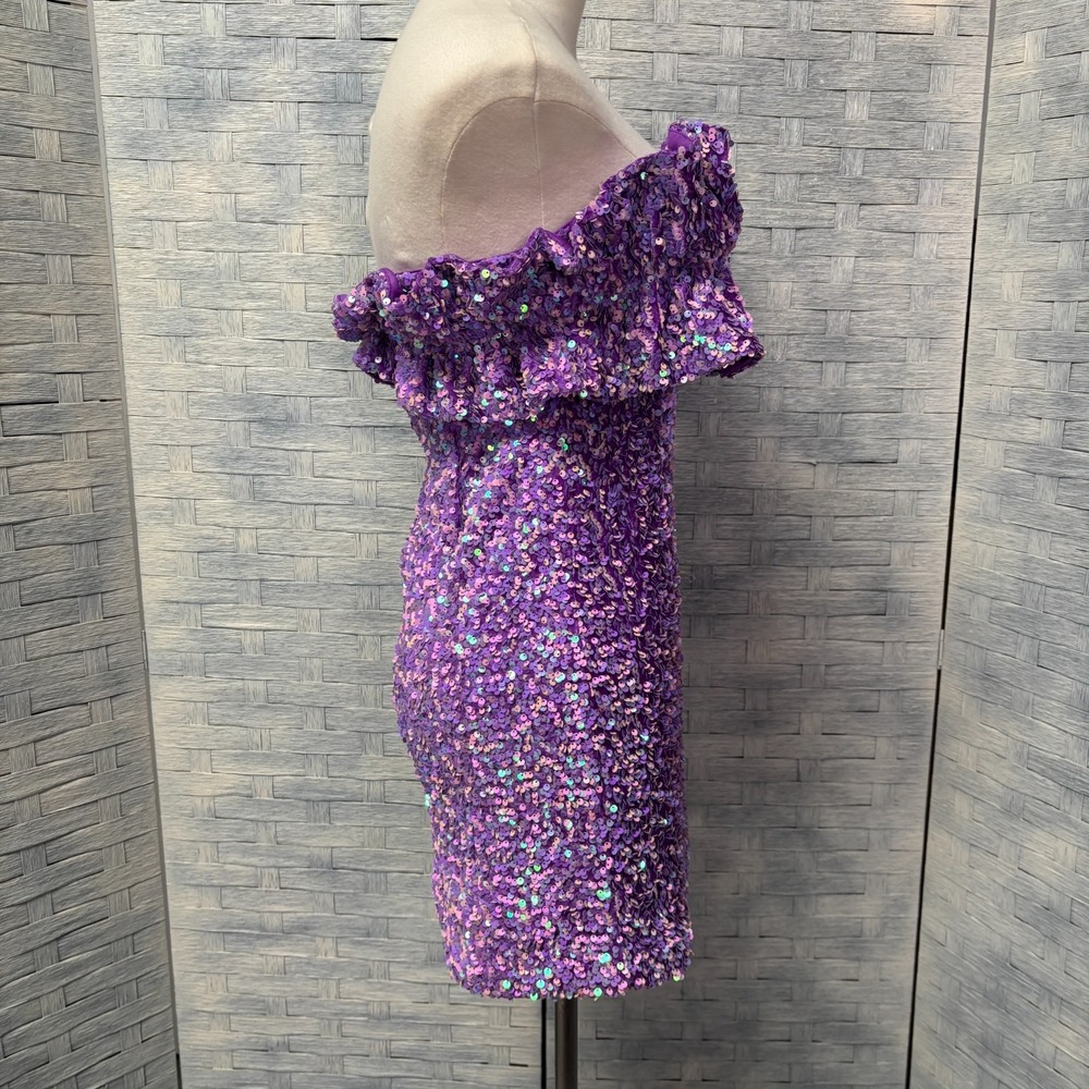 Allison + Kelly Tube Mini Medium Sparkly Purple Sequin Ruffle‎ Party - Picture 2 of 5